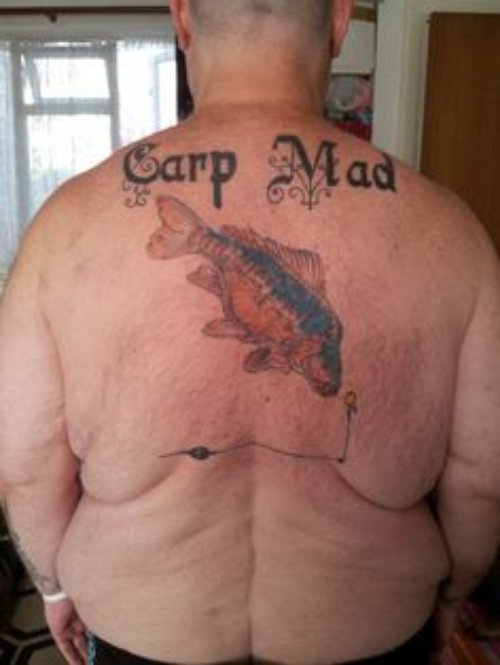 Man Upperback Carp Fish Tattoo